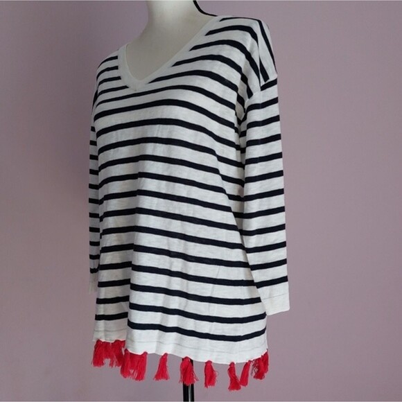 Talbots Cotton Blend V-Neck Black White Stripe 3/4 Sleeves Knit Top Size S NWT - Picture 3 of 10
